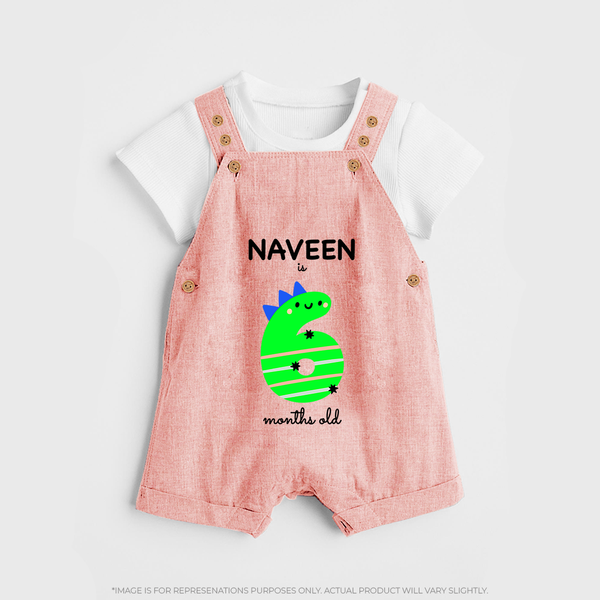 Milestone Dungaree Set for 6th Month | Soft Cotton Personalized Dungaree Set | Unisex Design - PEACH - 0 - 5 Months Old (Chest 18")