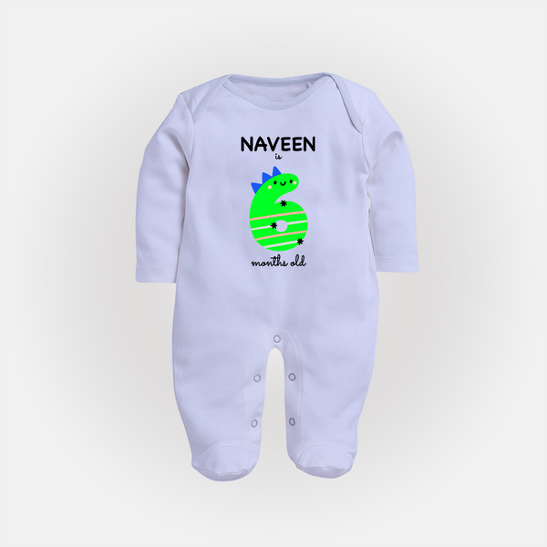 Milestone Full Sleeve Bodysuit/ Sleep Suit/ Jumpsuit for 6th Month | Soft Cotton Personalized Full Sleeve Bodysuit/ Sleep Suit/ Jumpsuit | Unisex Design - BABY BLUE - New Born (Chest 7.5")