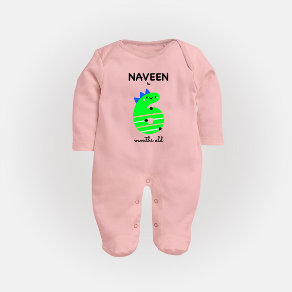 Milestone Full Sleeve Bodysuit/ Sleep Suit/ Jumpsuit for 6th Month | Soft Cotton Personalized Full Sleeve Bodysuit/ Sleep Suit/ Jumpsuit | Unisex Design - BABY PINK - New Born (Chest 7.5")