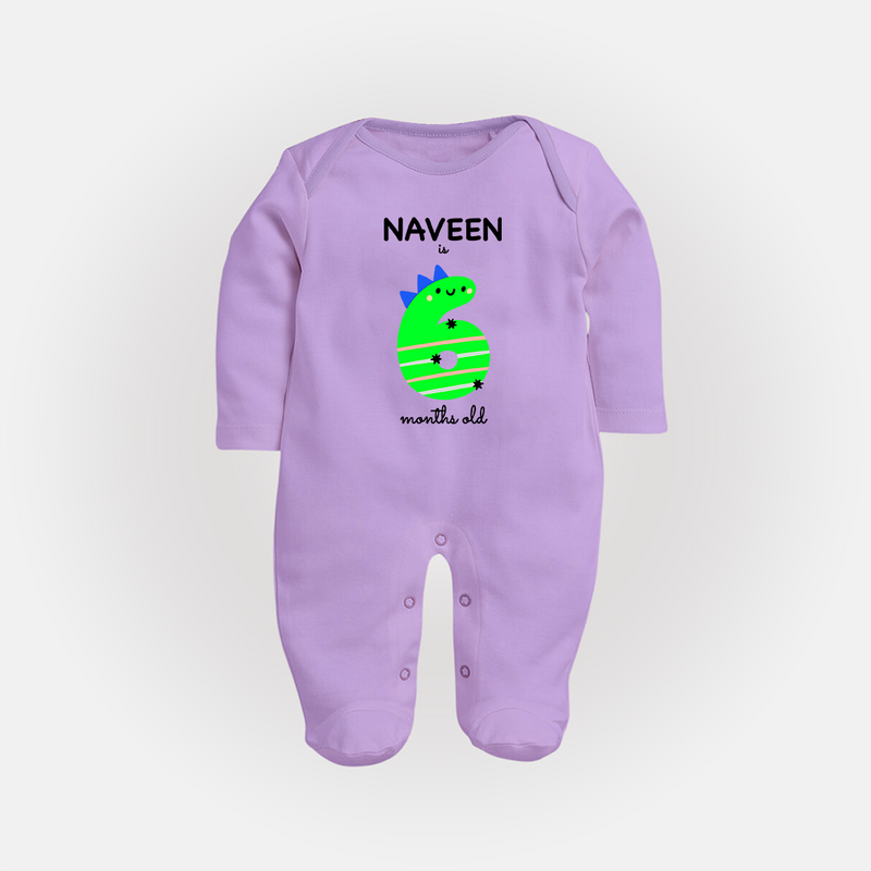 Milestone Full Sleeve Bodysuit/ Sleep Suit/ Jumpsuit for 6th Month | Soft Cotton Personalized Full Sleeve Bodysuit/ Sleep Suit/ Jumpsuit | Unisex Design - LILAC - New Born (Chest 7.5")