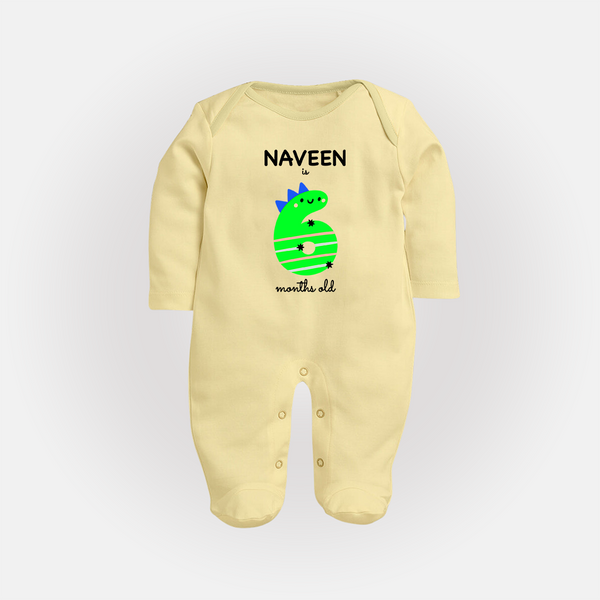 Milestone Full Sleeve Bodysuit/ Sleep Suit/ Jumpsuit for 6th Month | Soft Cotton Personalized Full Sleeve Bodysuit/ Sleep Suit/ Jumpsuit | Unisex Design - PASTEL YELLOW - New Born (Chest 7.5")