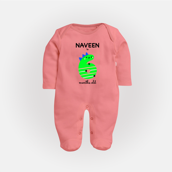 Milestone Full Sleeve Bodysuit/ Sleep Suit/ Jumpsuit for 6th Month | Soft Cotton Personalized Full Sleeve Bodysuit/ Sleep Suit/ Jumpsuit | Unisex Design - PEACH - New Born (Chest 7.5")