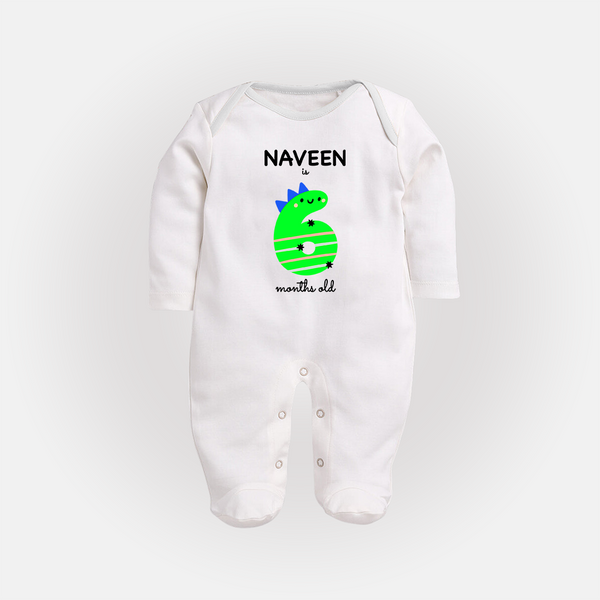 Milestone Full Sleeve Bodysuit/ Sleep Suit/ Jumpsuit for 6th Month | Soft Cotton Personalized Full Sleeve Bodysuit/ Sleep Suit/ Jumpsuit | Unisex Design - WHITE - New Born (Chest 7.5")