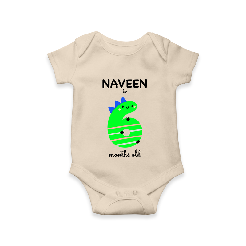 Milestone Romper for 6th Month | Soft Cotton Personalized Romper/Onesie | Unisex Design - IVORY - New Born (Chest 14")