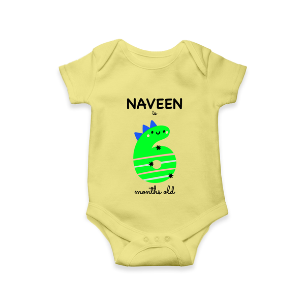 Milestone Romper for 6th Month | Soft Cotton Personalized Romper/Onesie | Unisex Design - PASTEL YELLOW - New Born (Chest 14")