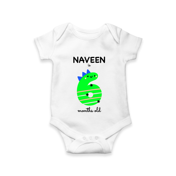 Milestone Romper for 6th Month | Soft Cotton Personalized Romper/Onesie | Unisex Design - WHITE - New Born (Chest 14")