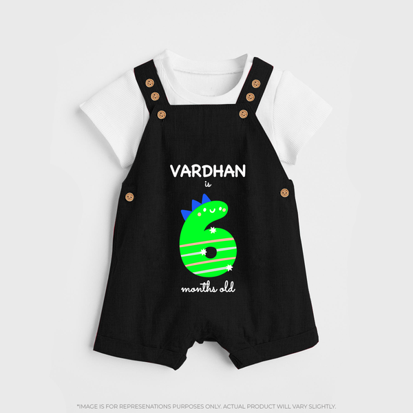 Milestone Dungaree Set for 6th Month | Soft Cotton Personalized Dungaree Set | Unisex Design - BLACK - 0 - 5 Months Old (Chest 18")