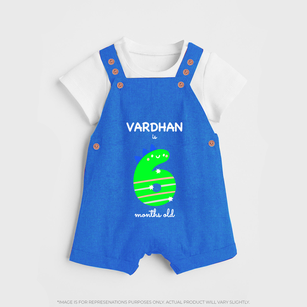 Milestone Dungaree Set for 6th Month | Soft Cotton Personalized Dungaree Set | Unisex Design - COBALT BLUE - 0 - 5 Months Old (Chest 18")