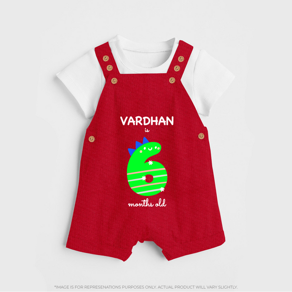 Milestone Dungaree Set for 6th Month | Soft Cotton Personalized Dungaree Set | Unisex Design - RED - 0 - 5 Months Old (Chest 18")