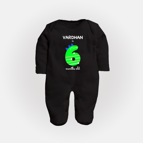Milestone Full Sleeve Bodysuit/ Sleep Suit/ Jumpsuit for 6th Month | Soft Cotton Personalized Full Sleeve Bodysuit/ Sleep Suit/ Jumpsuit | Unisex Design - BLACK - New Born (Chest 7.5")