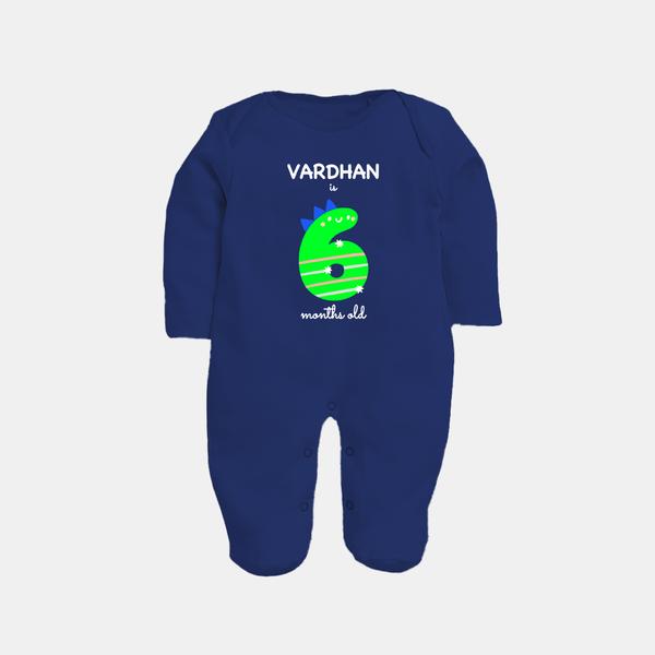 Milestone Full Sleeve Bodysuit/ Sleep Suit/ Jumpsuit for 6th Month | Soft Cotton Personalized Full Sleeve Bodysuit/ Sleep Suit/ Jumpsuit | Unisex Design - NAVY BLUE - New Born (Chest 7.5")
