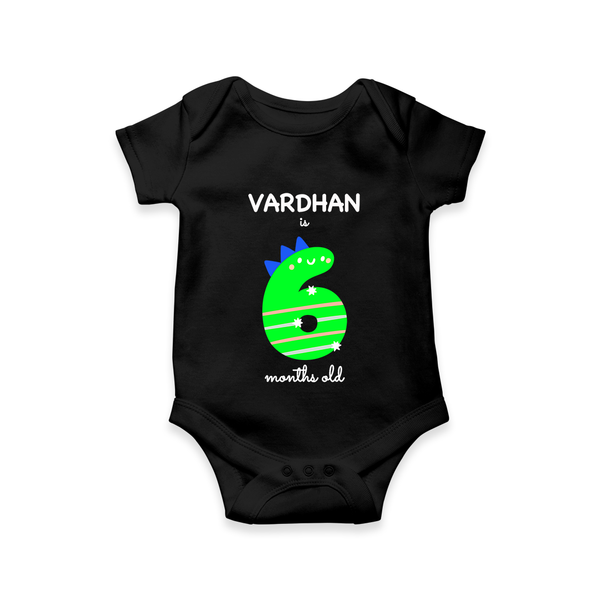Milestone Romper for 6th Month | Soft Cotton Personalized Romper/Onesie | Unisex Design - BLACK - New Born (Chest 14")