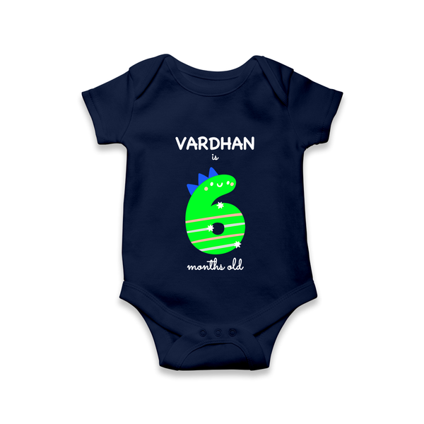 Milestone Romper for 6th Month | Soft Cotton Personalized Romper/Onesie | Unisex Design - NAVY BLUE - New Born (Chest 14")