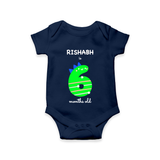 Celebrate The Sixth Month Birthday Custom Romper, Featuring with your Baby's name - NAVY BLUE - 0 - 3 Months Old (Chest 16")