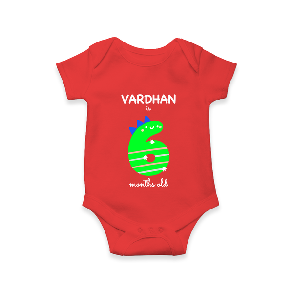 Milestone Romper for 6th Month | Soft Cotton Personalized Romper/Onesie | Unisex Design - RED - New Born (Chest 14")
