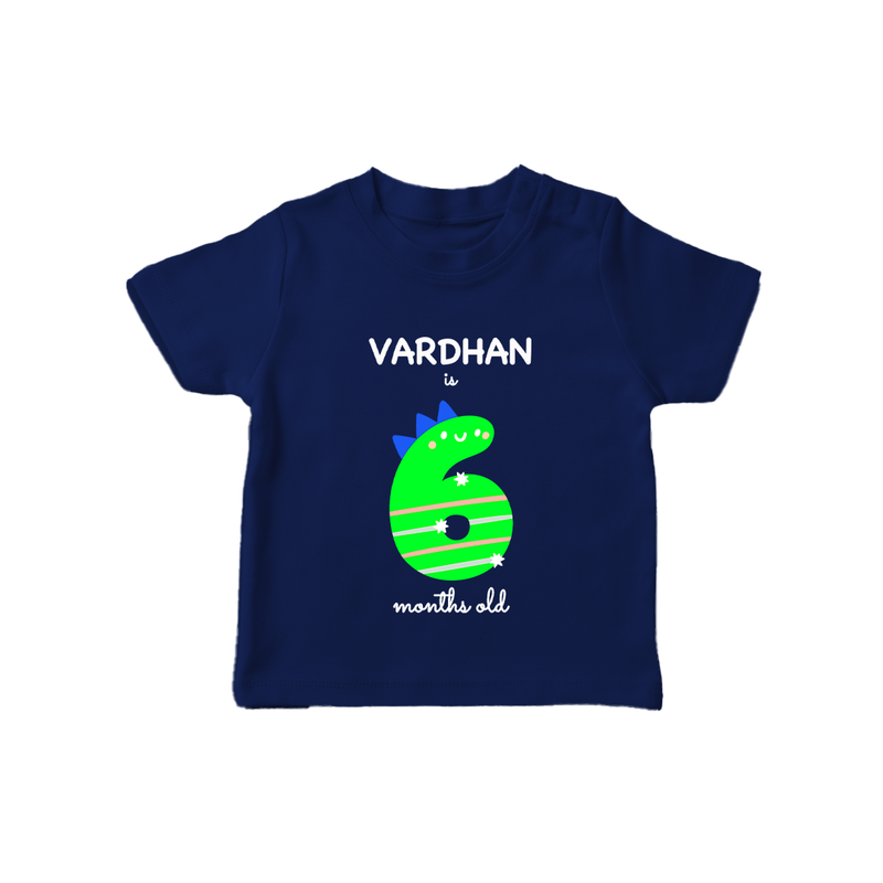 Milestone T-Shirt for 6th Month | Soft Cotton Personalized T-Shirt | Unisex Design - NAVY BLUE - 0-5 Months Old (Chest 17")