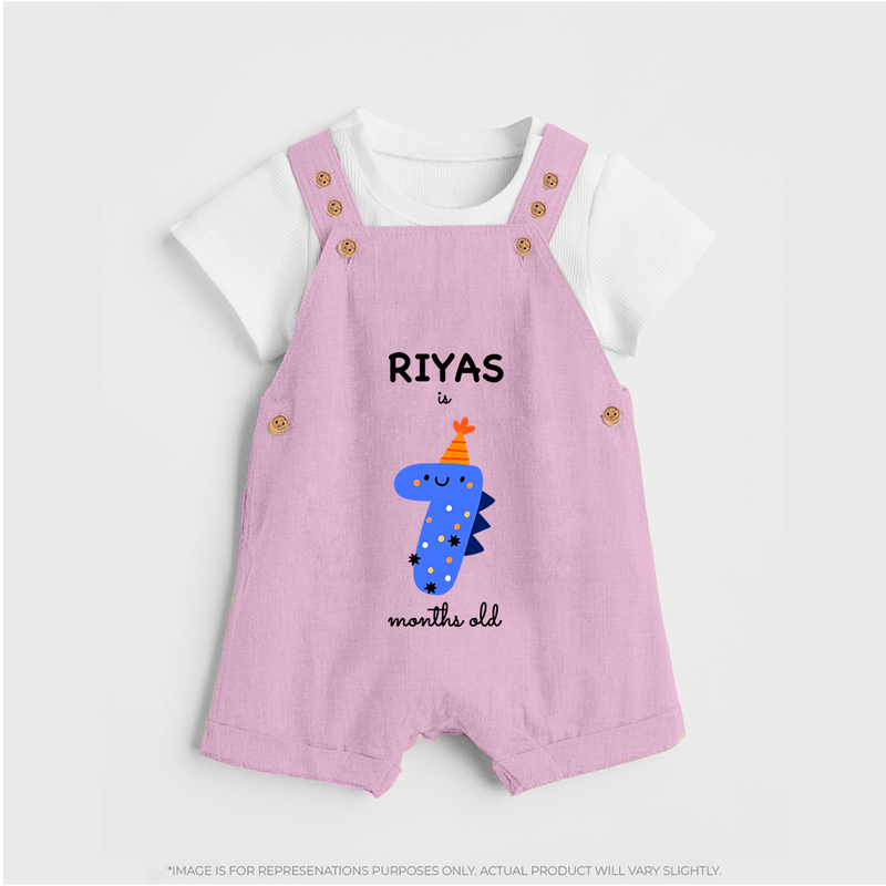 Milestone Dungaree Set for 7th Month | Soft Cotton Personalized Dungaree Set | Unisex Design - BABY PINK - 0 - 5 Months Old (Chest 18")