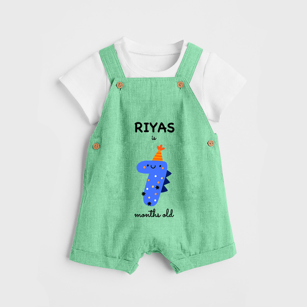 Milestone Dungaree Set for 7th Month | Soft Cotton Personalized Dungaree Set | Unisex Design - GREEN - 0 - 5 Months Old (Chest 18")