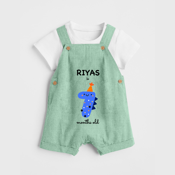 Milestone Dungaree Set for 7th Month | Soft Cotton Personalized Dungaree Set | Unisex Design - MINT GREEN - 0 - 5 Months Old (Chest 18")