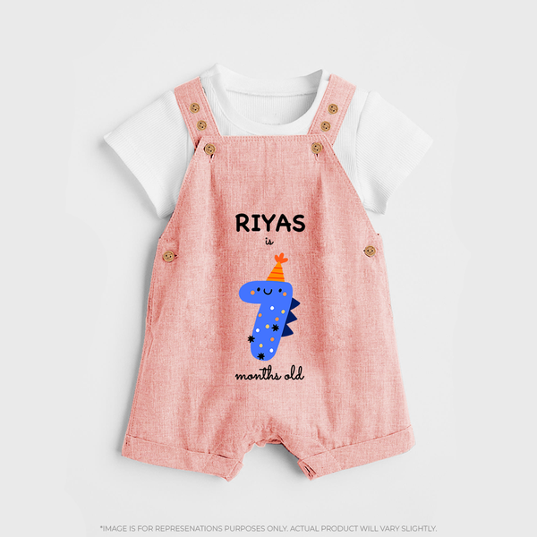 Milestone Dungaree Set for 7th Month | Soft Cotton Personalized Dungaree Set | Unisex Design - PEACH - 0 - 5 Months Old (Chest 18")