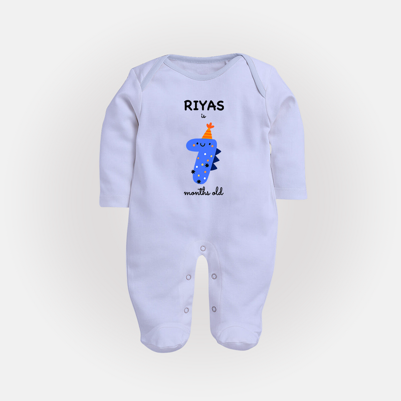 Milestone Full Sleeve Bodysuit/ Sleep Suit/ Jumpsuit for 7th Month | Soft Cotton Personalized Full Sleeve Bodysuit/ Sleep Suit/ Jumpsuit | Unisex Design - BABY BLUE - New Born (Chest 7.5")