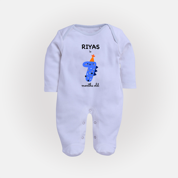 Milestone Full Sleeve Bodysuit/ Sleep Suit/ Jumpsuit for 7th Month | Soft Cotton Personalized Full Sleeve Bodysuit/ Sleep Suit/ Jumpsuit | Unisex Design - BABY BLUE - New Born (Chest 7.5")