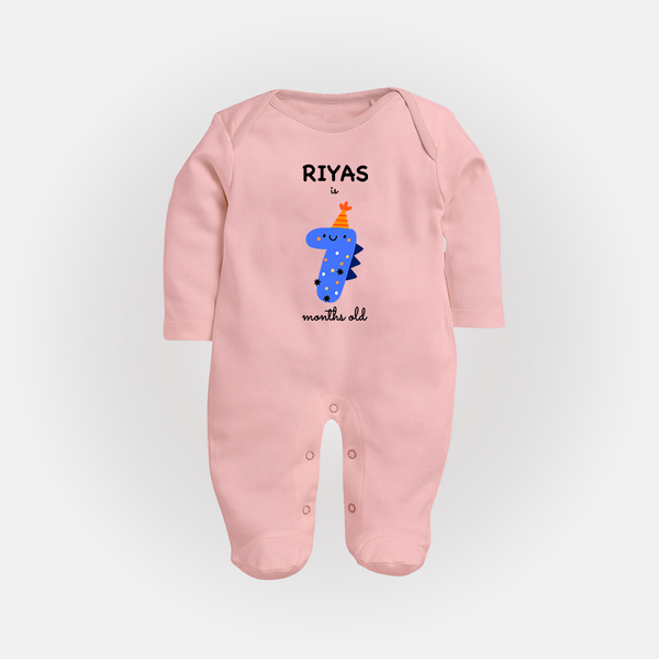 Milestone Full Sleeve Bodysuit/ Sleep Suit/ Jumpsuit for 7th Month | Soft Cotton Personalized Full Sleeve Bodysuit/ Sleep Suit/ Jumpsuit | Unisex Design - BABY PINK - New Born (Chest 7.5")