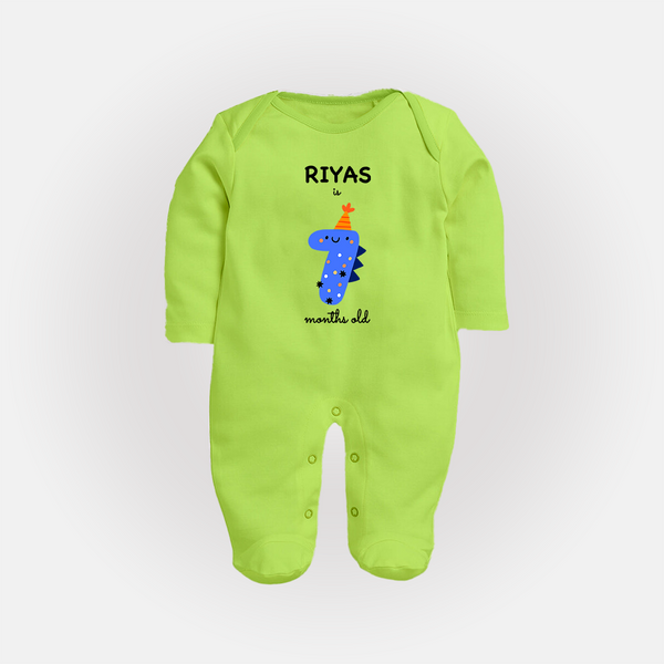 Milestone Full Sleeve Bodysuit/ Sleep Suit/ Jumpsuit for 7th Month | Soft Cotton Personalized Full Sleeve Bodysuit/ Sleep Suit/ Jumpsuit | Unisex Design - LIME GREEN - New Born (Chest 7.5")