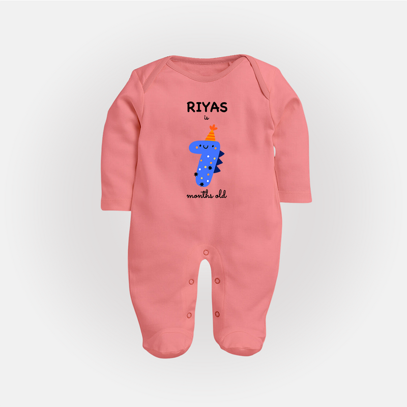 Milestone Full Sleeve Bodysuit/ Sleep Suit/ Jumpsuit for 7th Month | Soft Cotton Personalized Full Sleeve Bodysuit/ Sleep Suit/ Jumpsuit | Unisex Design - PEACH - New Born (Chest 7.5")
