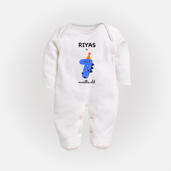 Milestone Full Sleeve Bodysuit/ Sleep Suit/ Jumpsuit for 7th Month | Soft Cotton Personalized Full Sleeve Bodysuit/ Sleep Suit/ Jumpsuit | Unisex Design - WHITE - New Born (Chest 7.5")