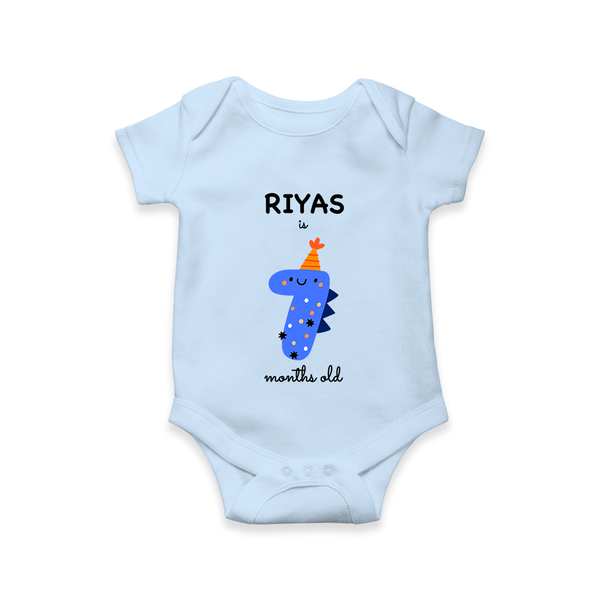 Milestone Romper for 7th Month | Soft Cotton Personalized Romper/Onesie | Unisex Design - BABY BLUE - New Born (Chest 14")