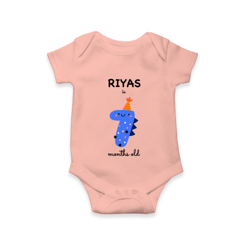 Milestone Romper for 7th Month | Soft Cotton Personalized Romper/Onesie | Unisex Design - PEACH - New Born (Chest 14")