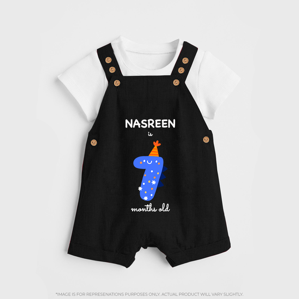 Milestone Dungaree Set for 7th Month | Soft Cotton Personalized Dungaree Set | Unisex Design - BLACK - 0 - 5 Months Old (Chest 18")
