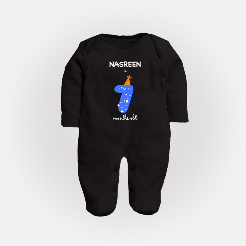 Milestone Full Sleeve Bodysuit/ Sleep Suit/ Jumpsuit for 7th Month | Soft Cotton Personalized Full Sleeve Bodysuit/ Sleep Suit/ Jumpsuit | Unisex Design - BLACK - New Born (Chest 7.5")