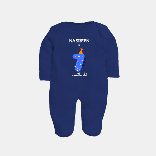 Milestone Full Sleeve Bodysuit/ Sleep Suit/ Jumpsuit for 7th Month | Soft Cotton Personalized Full Sleeve Bodysuit/ Sleep Suit/ Jumpsuit | Unisex Design - NAVY BLUE - New Born (Chest 7.5")