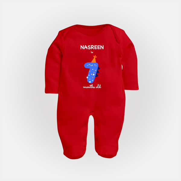 Milestone Full Sleeve Bodysuit/ Sleep Suit/ Jumpsuit for 7th Month | Soft Cotton Personalized Full Sleeve Bodysuit/ Sleep Suit/ Jumpsuit | Unisex Design - RED - New Born (Chest 7.5")