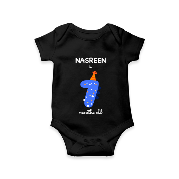 Milestone Romper for 7th Month | Soft Cotton Personalized Romper/Onesie | Unisex Design - BLACK - New Born (Chest 14")