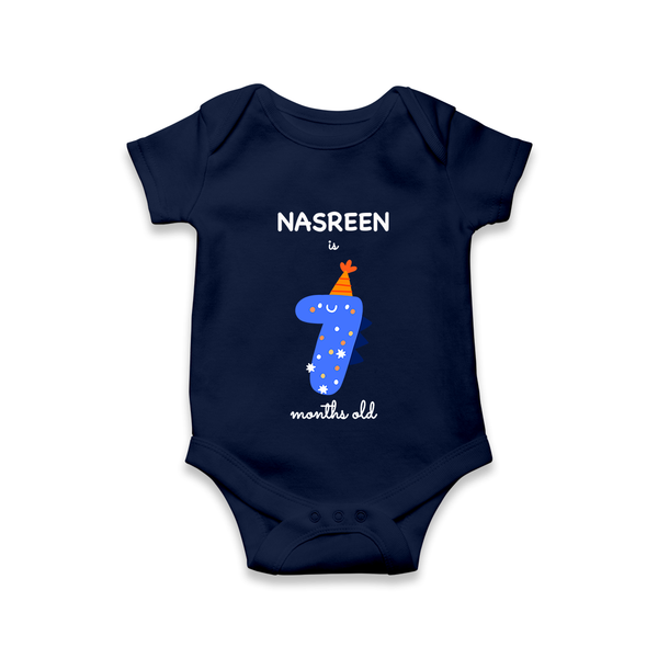 Milestone Romper for 7th Month | Soft Cotton Personalized Romper/Onesie | Unisex Design - NAVY BLUE - New Born (Chest 14")
