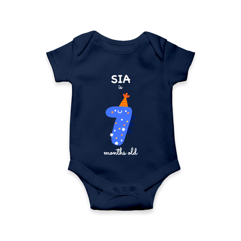 Celebrate The Seventh Month Birthday Custom Romper, Featuring with your Baby's name - NAVY BLUE - 0 - 3 Months Old (Chest 16")