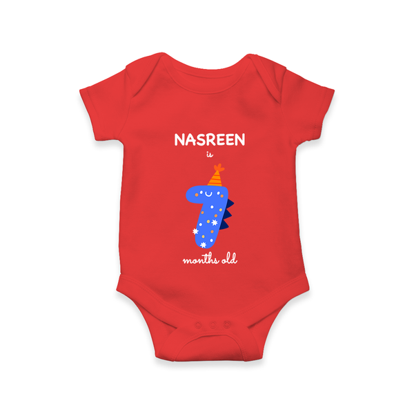 Milestone Romper for 7th Month | Soft Cotton Personalized Romper/Onesie | Unisex Design - RED - New Born (Chest 14")