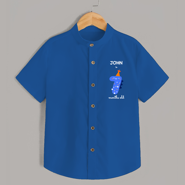 Milestone Shirt for 7th Month | Soft Cotton Personalized Shirt | Unisex Design - COBALT BLUE - 0 - 6 Months Old (Chest 23")