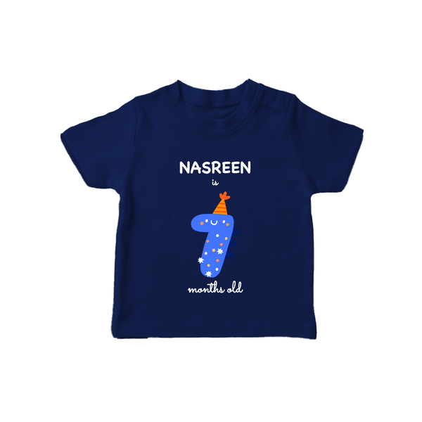 Milestone T-Shirt for 7th Month | Soft Cotton Personalized T-Shirt | Unisex Design - NAVY BLUE - 0-5 Months Old (Chest 17")
