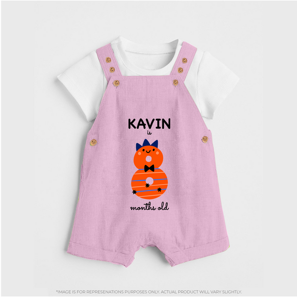 Milestone Dungaree Set for 8th Month | Soft Cotton Personalized Dungaree Set | Unisex Design - BABY PINK - 0 - 5 Months Old (Chest 18")