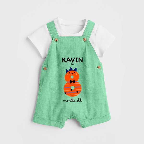 Milestone Dungaree Set for 8th Month | Soft Cotton Personalized Dungaree Set | Unisex Design - GREEN - 0 - 5 Months Old (Chest 18")