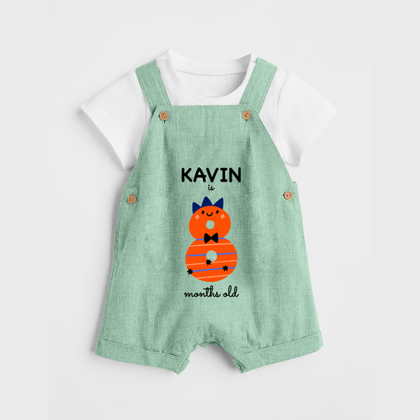 Milestone Dungaree Set for 8th Month | Soft Cotton Personalized Dungaree Set | Unisex Design - MINT GREEN - 0 - 5 Months Old (Chest 18")