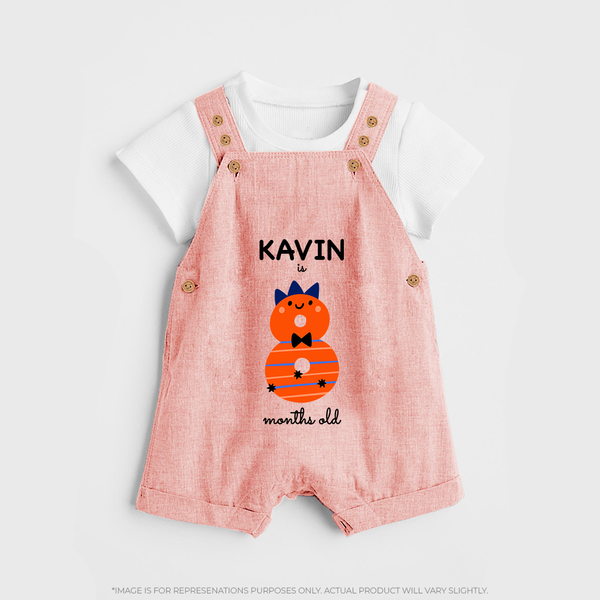 Milestone Dungaree Set for 8th Month | Soft Cotton Personalized Dungaree Set | Unisex Design - PEACH - 0 - 5 Months Old (Chest 18")