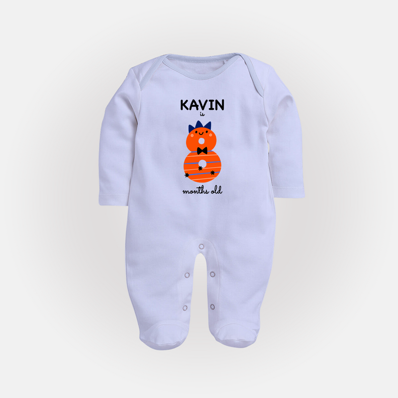 Milestone Full Sleeve Bodysuit/ Sleep Suit/ Jumpsuit for 8th Month | Soft Cotton Personalized Full Sleeve Bodysuit/ Sleep Suit/ Jumpsuit | Unisex Design - BABY BLUE - New Born (Chest 7.5")