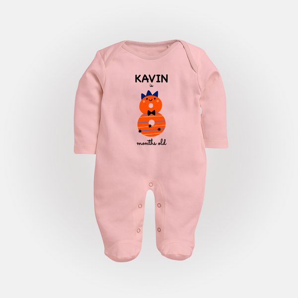 Milestone Full Sleeve Bodysuit/ Sleep Suit/ Jumpsuit for 8th Month | Soft Cotton Personalized Full Sleeve Bodysuit/ Sleep Suit/ Jumpsuit | Unisex Design - BABY PINK - New Born (Chest 7.5")