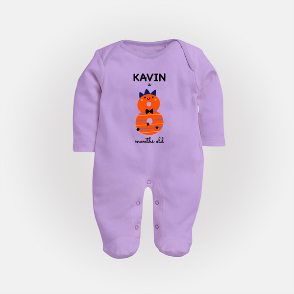 Milestone Full Sleeve Bodysuit/ Sleep Suit/ Jumpsuit for 8th Month | Soft Cotton Personalized Full Sleeve Bodysuit/ Sleep Suit/ Jumpsuit | Unisex Design - LILAC - New Born (Chest 7.5")