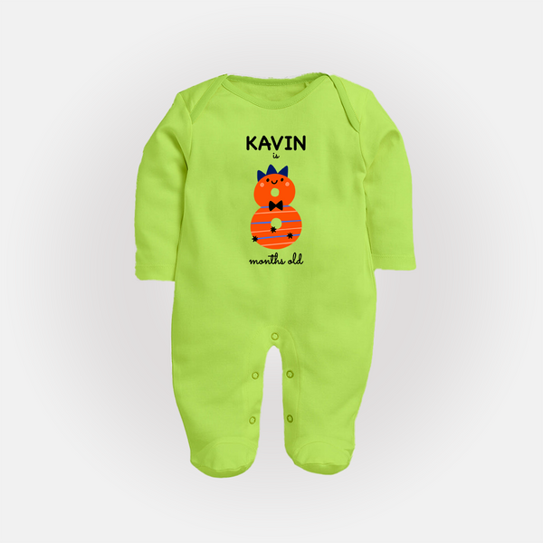 Milestone Full Sleeve Bodysuit/ Sleep Suit/ Jumpsuit for 8th Month | Soft Cotton Personalized Full Sleeve Bodysuit/ Sleep Suit/ Jumpsuit | Unisex Design - LIME GREEN - New Born (Chest 7.5")